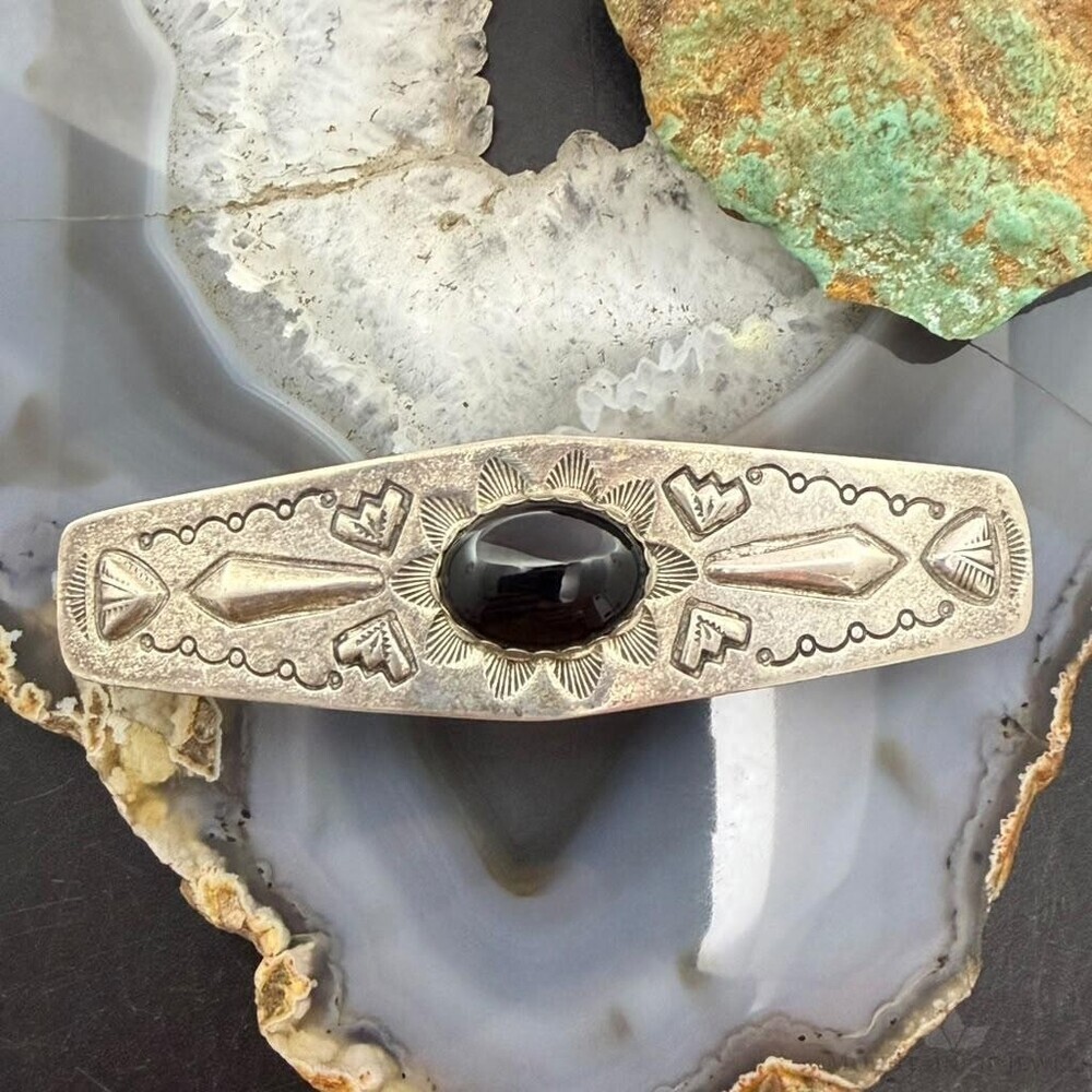 Signed Vintage Sterling Native American Onyx Stamped Hair Barrette For Women